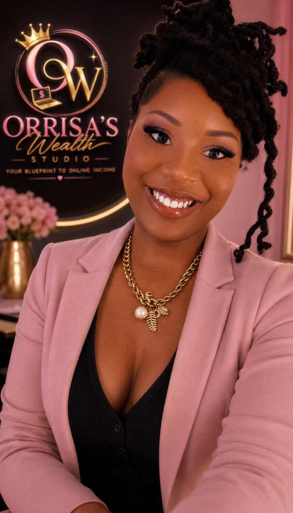 Orrisa, founder of Orrisa's Wealth Studio, smiling in a blush pink blazer