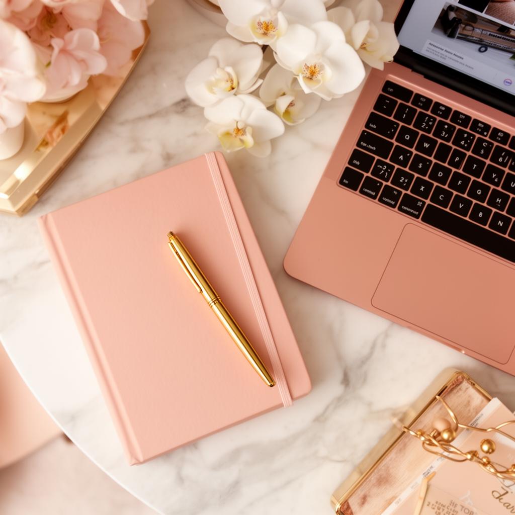 Feminine luxury workspace with notebook and laptop